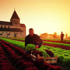 Erntefrischer Salat vor der Kirche St. Georg auf der Insel Reichenau bei Sonnenaufgang.