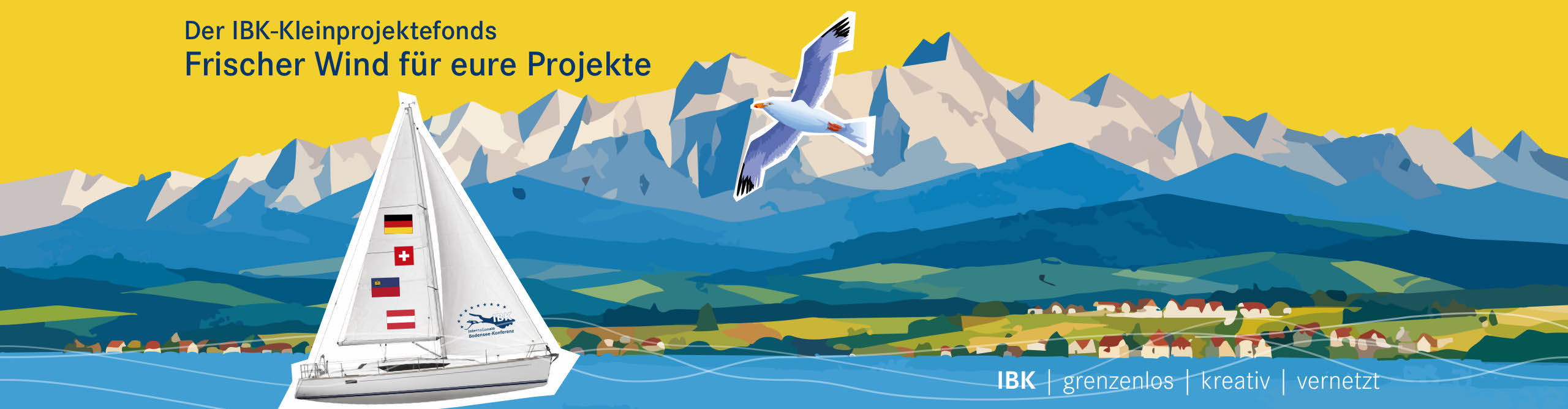 Illustration zum IBK-Kleinprojektefonds mit Segelboot auf dem Bodensee, Länderflaggen, Möwe, Alpenpanorama und dem Motto „Frischer Wind für eure Projekte“.